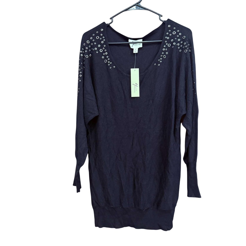 Andrea Jovine Women's Black Embellished V-Neck Long Sleeve Knit Top, Size M